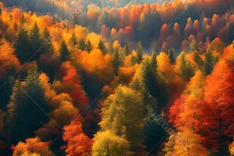 Trees on a sunny autumn sunset or sunrise forest.