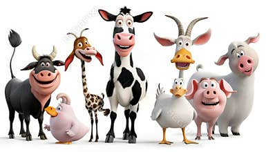 Group of cartoon farm animals including a cow, pig, and chicken. Concept of fun and farm life by AI generated image