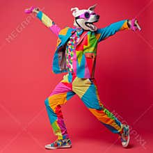 Freak in dog mask dancing, masquerade, absurd carnival, having fun in costume party, weird mask head