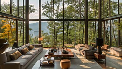 A modern living room filled with furniture and bathed in natural light from large windows, A sleek and modern mountain retreat