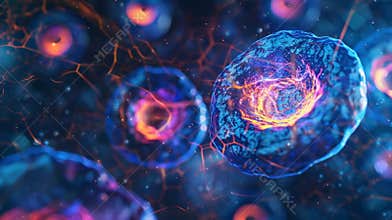 A zoomedin image of a cell with the theutic gene inserted triggering changes in the cells function