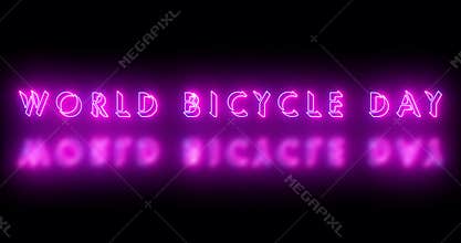 4K World Bicycle Day text cool neon-colored animation. Neon-colored World Bicycle Day text