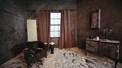 Decoration of abandoned room powdered with snow