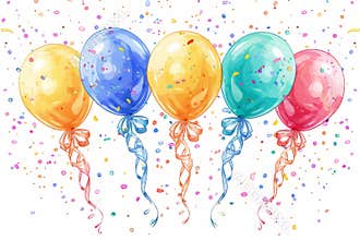 Colorful birthday balloons and confetti clipart on white background