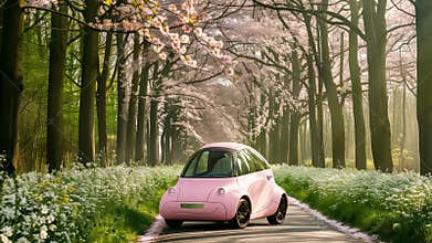 Eco-Friendly Pink Electric Car in Blossom-Lined Forest Drive