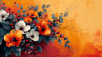 vibrant botanical pop art collage with traditional autumn floral motifs and modern design elements for a captivating