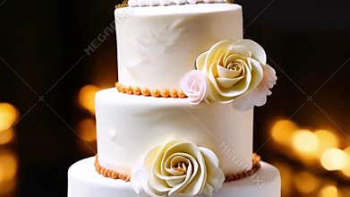 Elegant three-tier wedding cake with delicate flowers and pearl accents. Concept of wedding dessert, celebration, cake