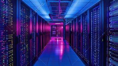Shot of Data Center With Multiple Rows of Fully Operational Server Racks. Modern Telecommunications, Artificial