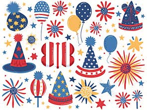 Fourth of July patriotic clipart with party hats, balloons, and stars