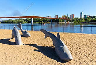 Fish stone installation onshore Vistula river at General Patton boulevard Bulwary and Wisla in Warsaw in Poland