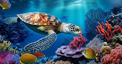 underwater coral reef with fish and turtle. marine life