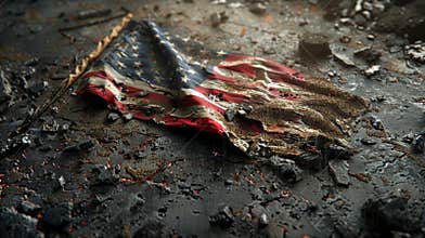 Torn and damaged american flag laying on destroyed ground