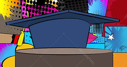Comic Book Product podium stage animation for presentation with Graduation Mortarboard.