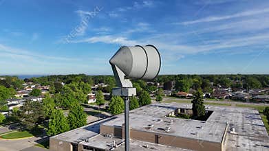 ACA P-50 Outdoor Tornado Early Warning Siren 360 Aerial Orbit With room for Cropping and text