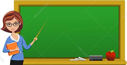 Beautiful Teacher at Blackboard Holding Pointer
