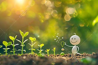 stick figure with a smile on his face, is planting small plant seeds