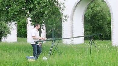 ( timelapse) One man constructing a crane for