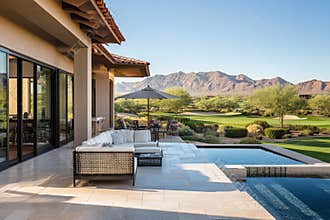Backyard with travertine tiles complementing the desert scene in Arizona.
