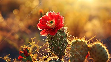 Cactus with red flower in sunset light, close-up view. Desert flora and nature beauty concept