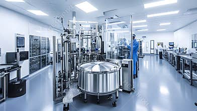 A high-tech biopharmaceutical manufacturing facility with bioreactors