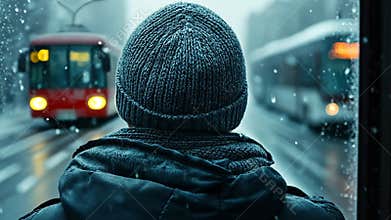 Winter Commute, Waiting for the Tram AI Generation