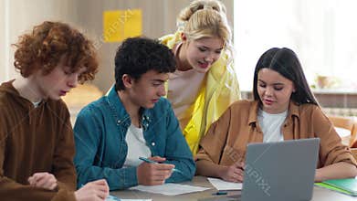 Caucasian four friends students teenagers pupils students teens girls boys guys women men together studying learning at