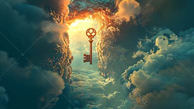 Golden key floating in a surreal cloudy sky with sunlight breaking through. Dreamlike and mystical concept