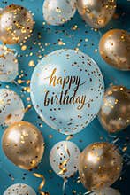 Happy birthday banner on a balloon with golden letters