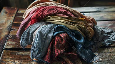 Stack of colorful folded fabrics on rustic wooden table, cozy home decor concept
