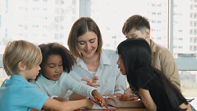 Student and teacher drawing and coloring by using marker or crayon. Erudition.