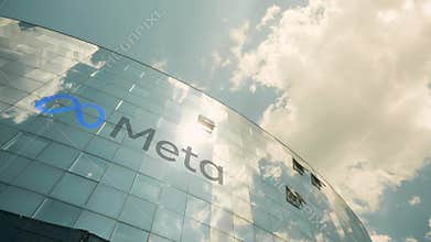 Meta Platforms, Inc logo on the modern office building, view from below, illustrative editorial