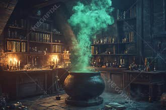 Dark witchs room with books and potion bottles. Bubbling cauldron emitting green smoke