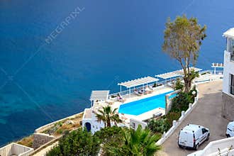 Hotel pool overlooking Ormos Egialis Bay (Aegiali)