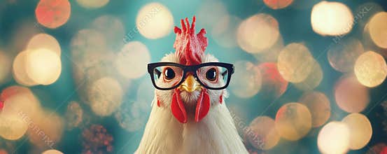 Chicken in glasses against a bokeh background