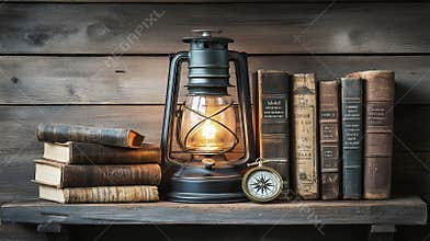 Vintage Glowing Lantern and Compass Displayed on a Wooden Shelf Surrounded by Old Hardcover Books in a Cozy Rustic