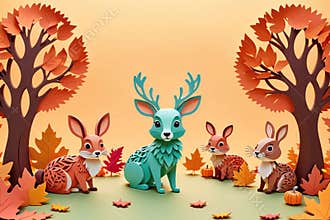 Colorful Forest Animals Gathering Among Autumn Leaves in Whimsical Setting
