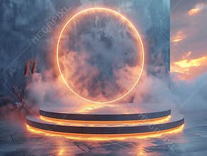 Podium background 3D light tech stage future platform game abstract. Podium 3D background technology room product circle