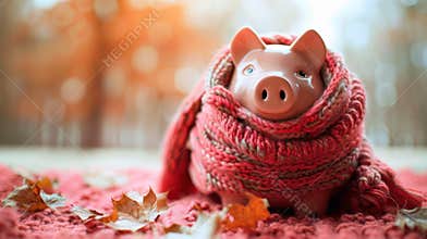 A cute piggy bank wrapped in a knitted scarf surrounded by autumn leaves