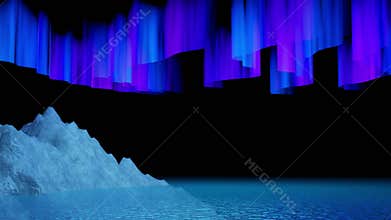 Northern Lights Among the Iceberg and water surface. Beautiful Night Scene of Aurora Borealis. Night landscape with