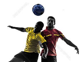Two men soccer player fighting ball silhouette