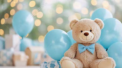 Cute teddy bear with blue balloons at a baby shower celebration