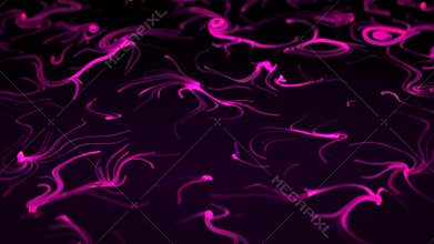 Pink neon colored abstract forms in a shape of seaweed floating on waves on a dark purple background