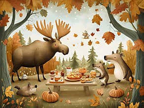 A whimsical illustration of a Canadian Thanksgiving themed nature scene with animals like moose and beavers celebrating with