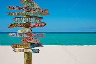 Key West Florida. Mileage signpost on Key West. Fort Zachary Taylor State Park. Florida best beaches