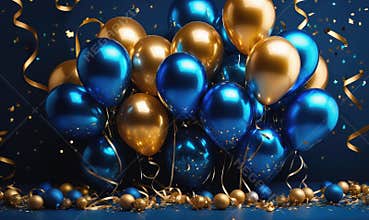 A group of blue and gold balloons with confetti and streamers sit on a blue surface