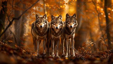 Three wolves stand together in an autumn forest with orange leaves during the day