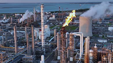 Aerial view of a chemical plant at sunset. Drone shot. Curling fire and cumin smoke filling the sky