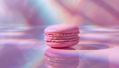 Delicate pink macaron resting on a reflective surface with soft pastel lighting