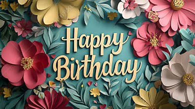 Floral Delight: 3D "Happy Birthday" with Papercut Flowers in Pastels. Generative AI