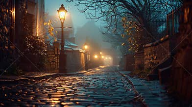Cobblestone street illuminated by lamps on a foggy evening in a historic town